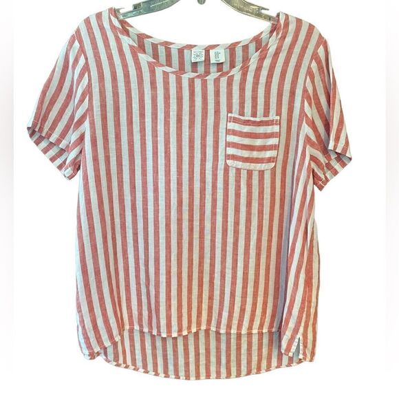 Artisan NY Sz M Red Striped Relaxed Short Sleeve Linen Flowy Summer Blouse - Picture 1 of 6